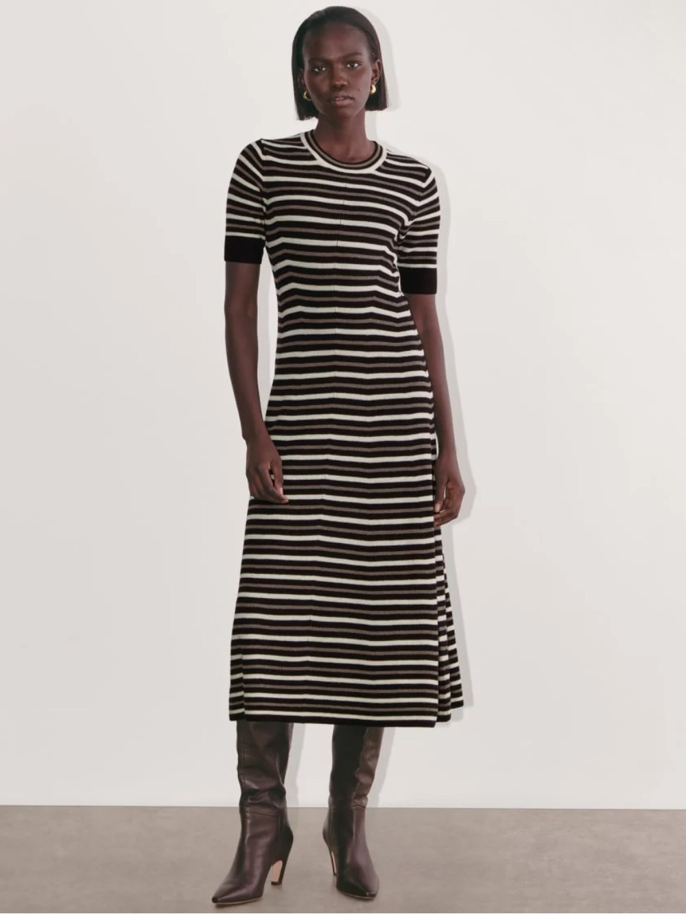 NWT Everlane The Ribbed Sweater Dress in Taupe/Canvas/Black Stripe